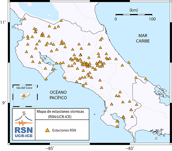 Imagen con mapa de estaciones sísmicas en Costa Rica